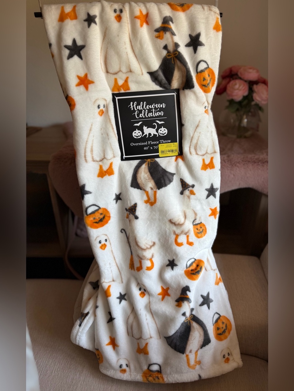 Halloween Goose Costume Ghost Witch Pumpkin Throw Blanket Cozy Seasonal Decor